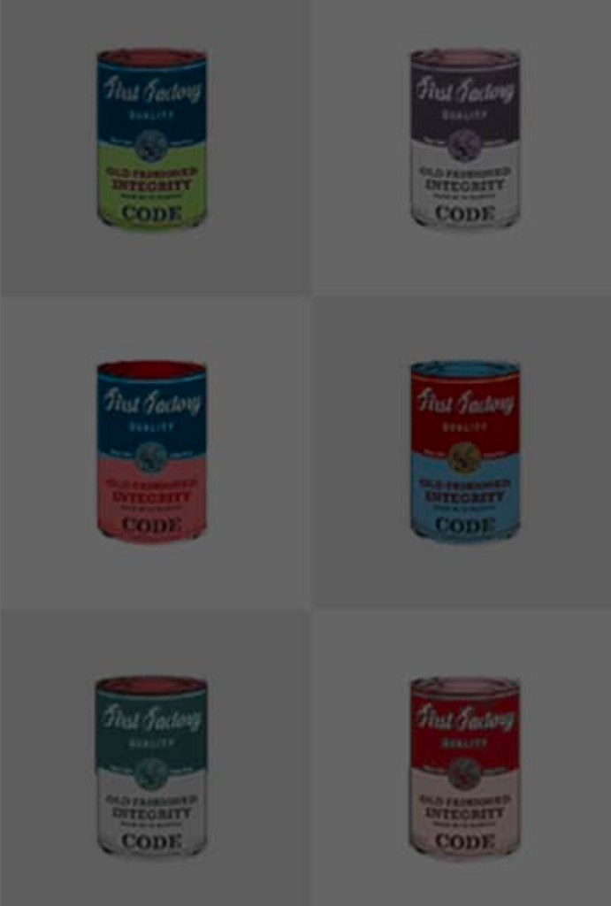 Branded soup cans inspired by Andy Warhols design. The Factory Wall: Company Growth and Developer Skills text at the center