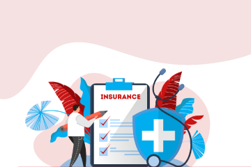 Illustration of a stethoscope and a shield next to a health insurance checklist being marked by a person holding a pencil