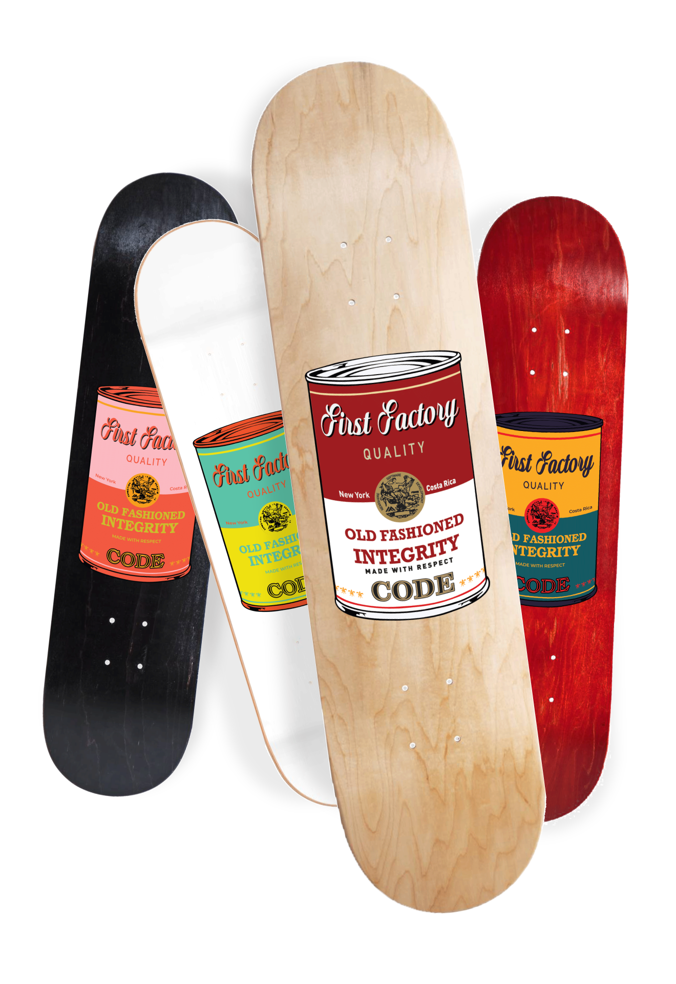 Four different skateboard decks branded with First Factory's soup can, inspired by Andy Warhol's art