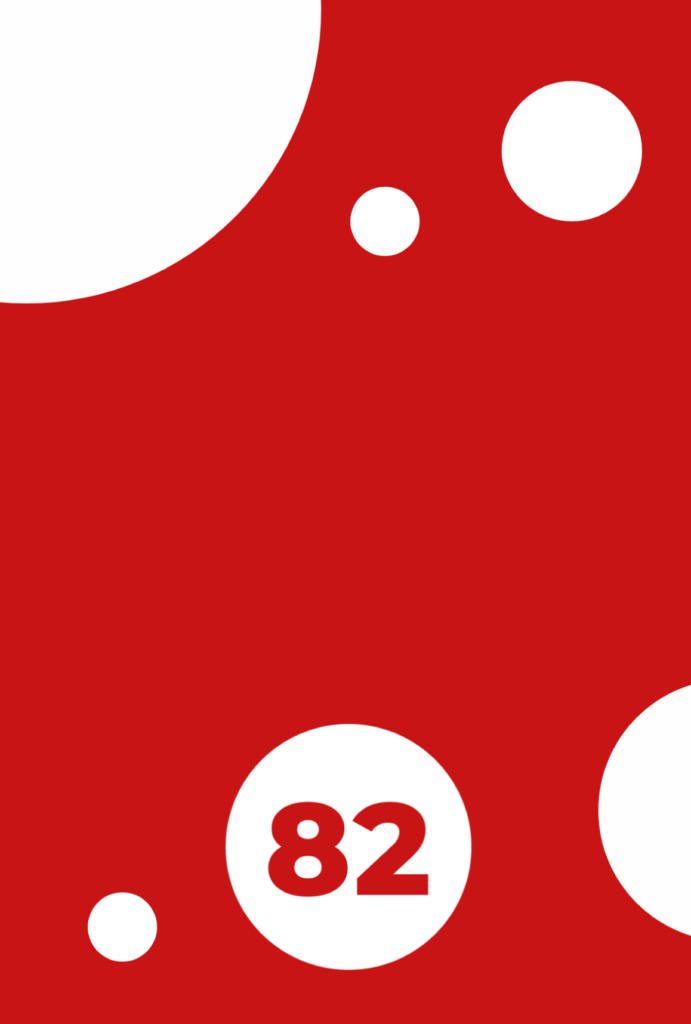 Red background design with white circles. Employee Net Promoter Score text at the center and an 82 red number