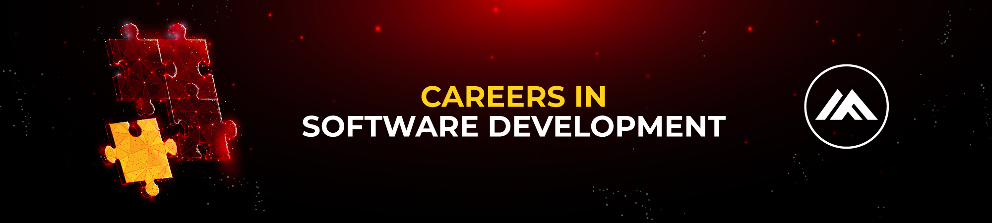 Four-piece puzzle, one of them trying to fit in followed by the text careers in software development and the company logo. Black and red background