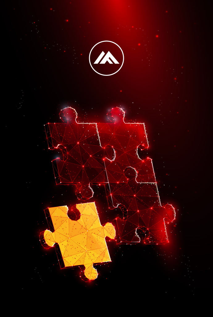 Four-piece puzzle, one of them trying to fit in followed by the text careers in software development and the company logo. Black and red background